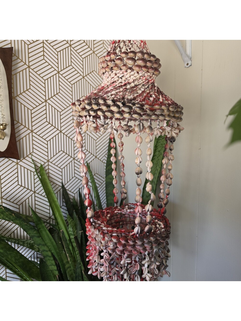 Vintage 70s Seashell Cowrie Hanging Chandelier Planter Boho Eclectic 34"